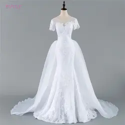 Съемная Vestido De Noiva 2019 Свадебные платья Русалка с короткими рукавами с кружевной аппликацией Дешевые Свадебное платье в богемном стиле