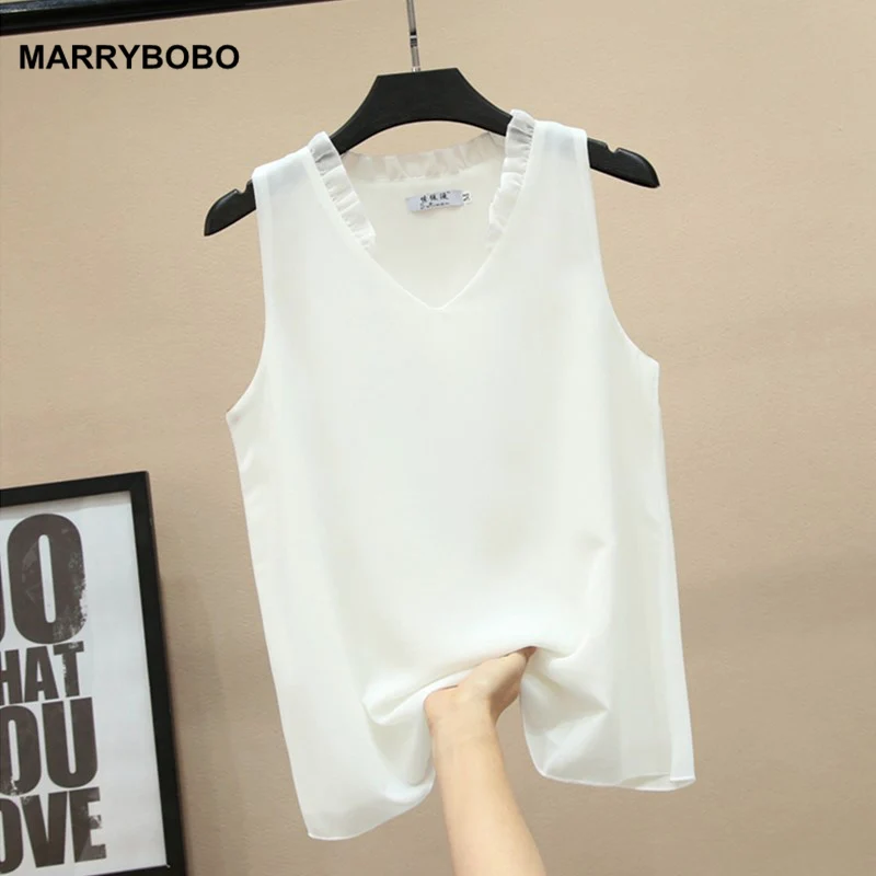 

Summer Tops For Women 2019 Sleeveless V-Neck Chiffon Blouse Shirt Sexy Ruffle White Shirt Plus Size Female Clothing