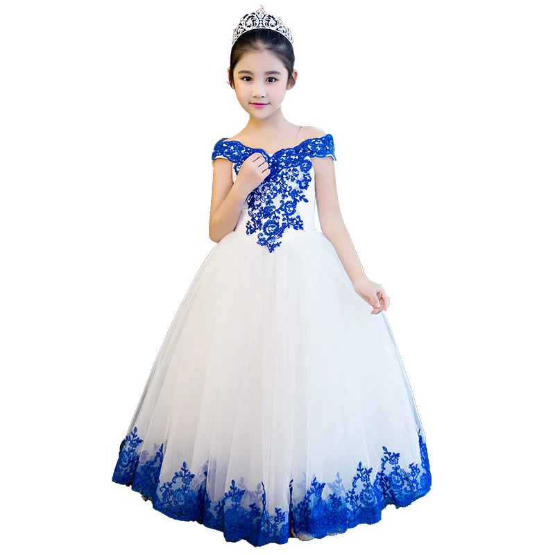 

Shoulderless Appliques Long Princess Dress Children Birthday Party Pearls Dress Girls Wedding Ball Gown Kids Pageant Dress E84