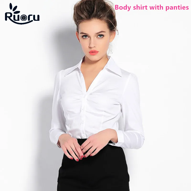 Ruoru Women Career OL Blouse Work Bodysuit Shirt Long