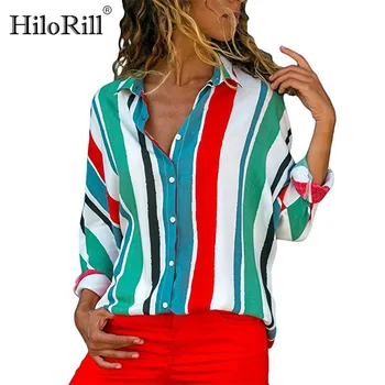 

Striped Printed Ladies Blouse 2020 High Quality Long Sleeve Blouse Turn Down Collar Office Womens Shirts Casual Plus Size Blouse