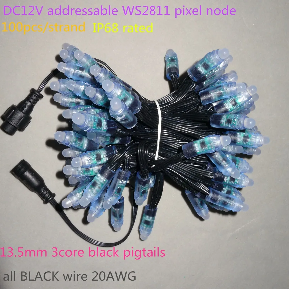 

100pcs/set DC12V addressable 12mm WS2811 led smart pixel node,RGB full color;all BLACK 18AWG)wire,IP68;with 13.5mm pigtail