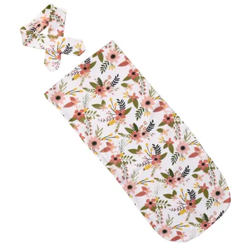 

New Soft Muslin Cotton Floral Newborn Baby Swaddle Blanket Bath Towel & Headband