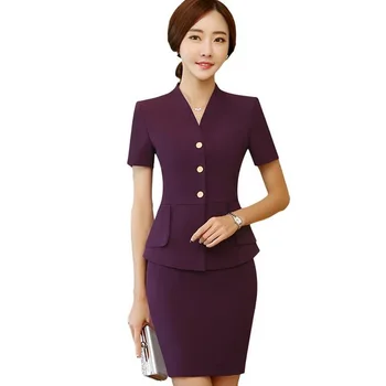 

Fashion Elegant women skirt suits set temperament V Neck short sleeve slim blazers with skirt office ladies work wear
