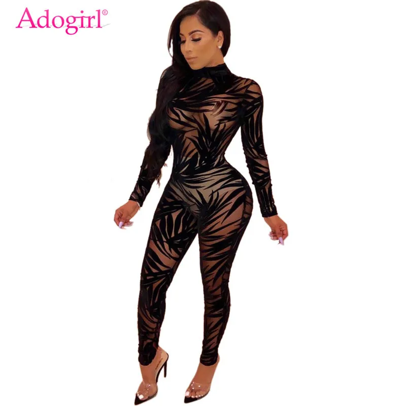 Adogirl Bamboo leaf Sheer Mesh Jumpsuit O Neck Long Sleeve Women Sexy Night Club Party Romper Fashion Bar Overalls Costumes