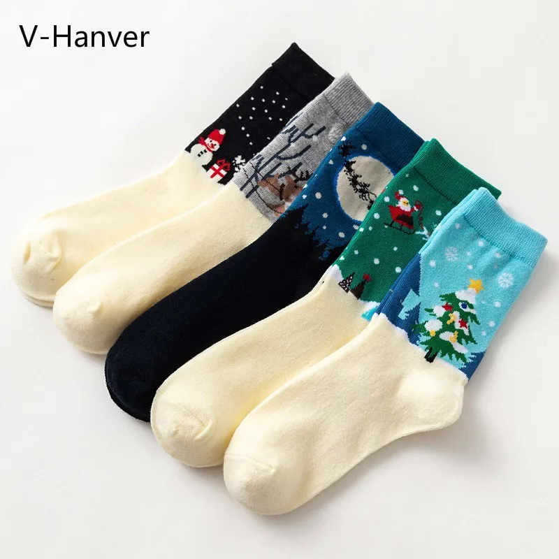

V-Hanver New Women's Socks Cotton Colorful Cartoon Cute Funny Happy Kawaii Santa Claus Reindeer Socks For Girl Christmas Gift
