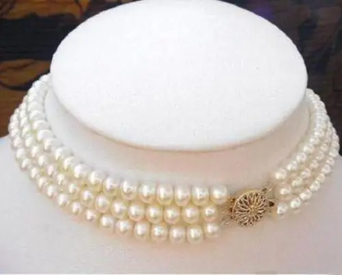 

Fashion 3Rows 7-8MM Natural White Akoya Cultured Pearl Choker Necklace 16-18