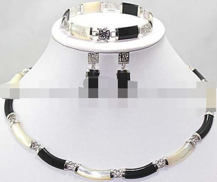 

106 Natural Black White Jade Link Necklace Bracelet earrings Set