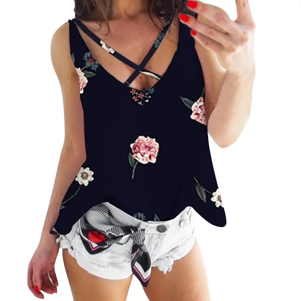 

snowshine YL5 Women's Ladies Fashion Print Flower V Neck Sleeveless Blouse Top Vest free shipping