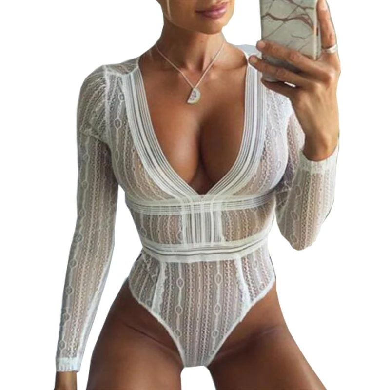 

Spring Summer Sexy Cut Out Lace Bodysuit Deep V-neck Backless Women Bodysuits Sexy Party Club Bodycon Body Top Black White GV122