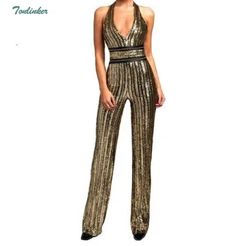 

Women Gold Sequin Jumpsuit Women Sexy Party suit V Neck Backless Women Clubwear Bodysuit Overalls Macacao Feminino S-XL Gold