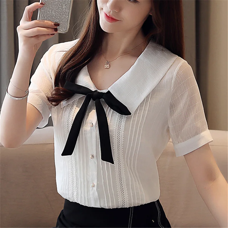 

2019 New Summer Women Blouses And Top Flare Short-Sleeve Chiffon Turn Down Neck Clothing Solid Color Bow Tie Casual Shirt Blusas