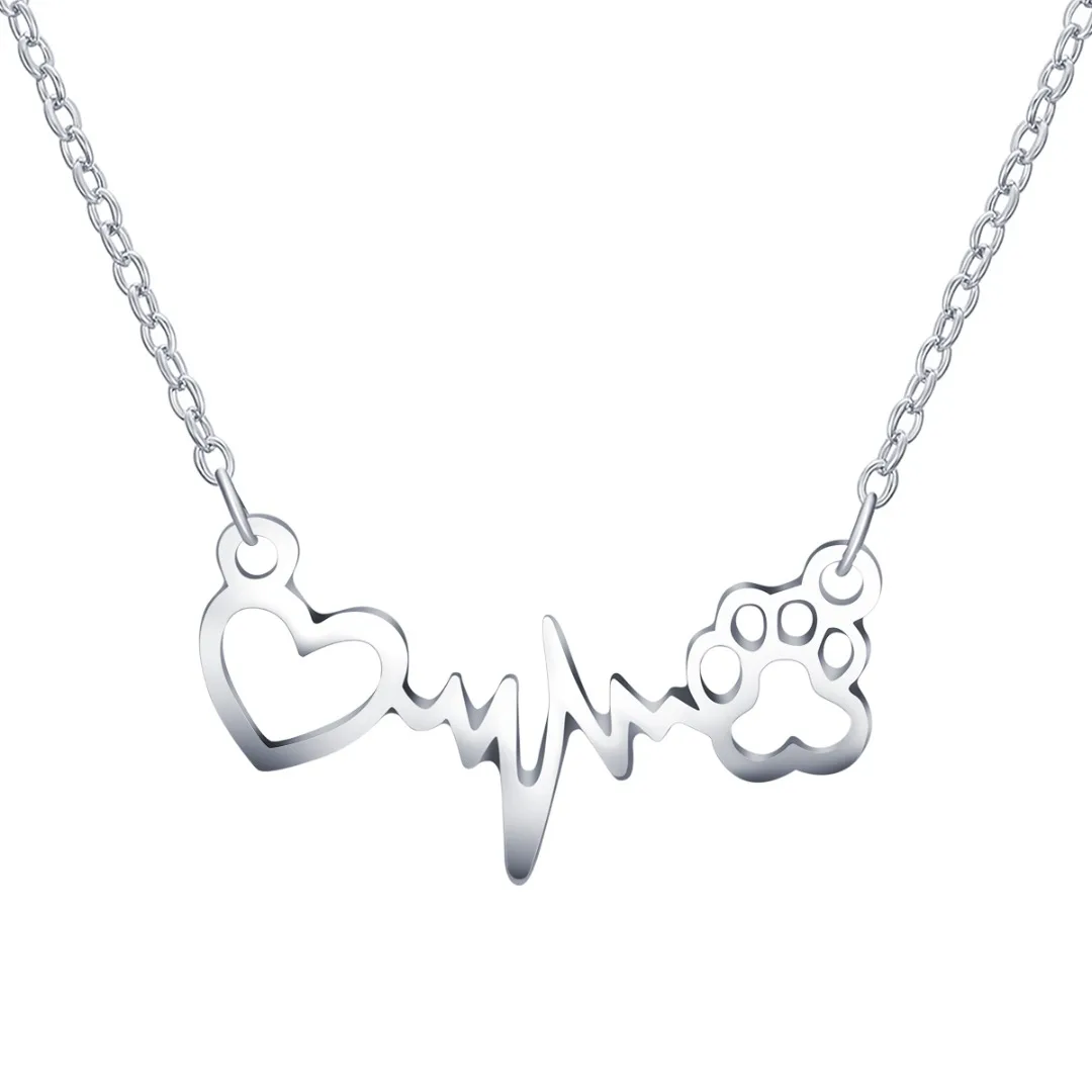 Trendy Cat Dog Paw Heart Heartbeat Electrocardiogram Pendant Necklace Elegant Chain Lovely Animal Jewelry Gifts For Women