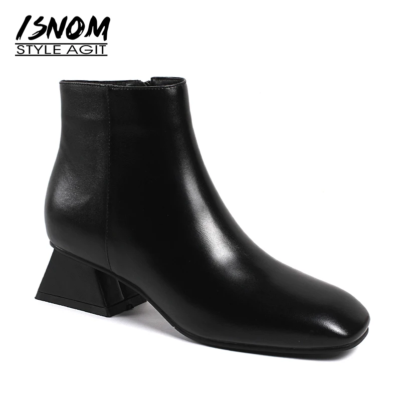 

ISNOM Autumn Thick High Heels Women Ankle Boots Square Toe Zip Footwear Cow Leather Ladies Boot Fashion Shoes Woman 2018 Black