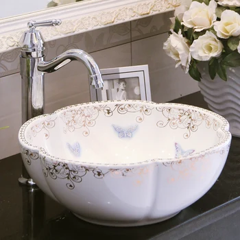 

Chinese wash basin Jingdezhen Art butterfly pattern flower white Counter Top ceramic sink to bathroom