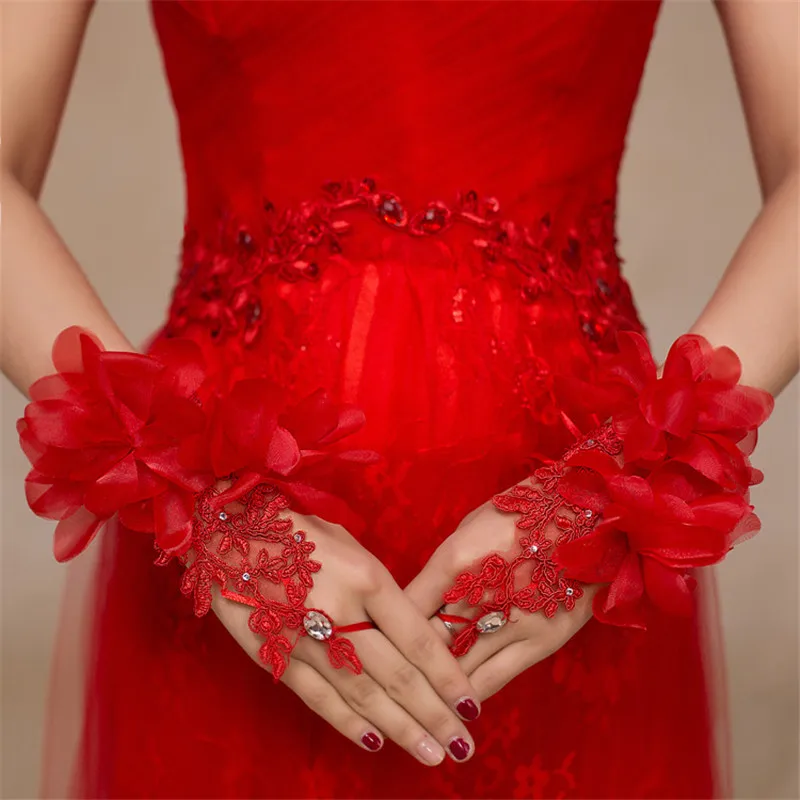 Mingli Tengda Красные кружевные свадебные перчатки аппликация бусины Свадебные перчатки Свадебные аксессуары Свадебные митенки для невесты