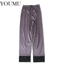 Летние Для женщин атласная пижамные штаны полной длины Повседневное мягкий лаунж-Пижама, одежда для сна, с кружевной отделкой модное нижнее белье Красочные 906-A024