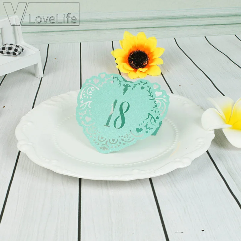 10pcs/set 10 Numbers Heart Blue Hollow Lace Table Number Table Cards
