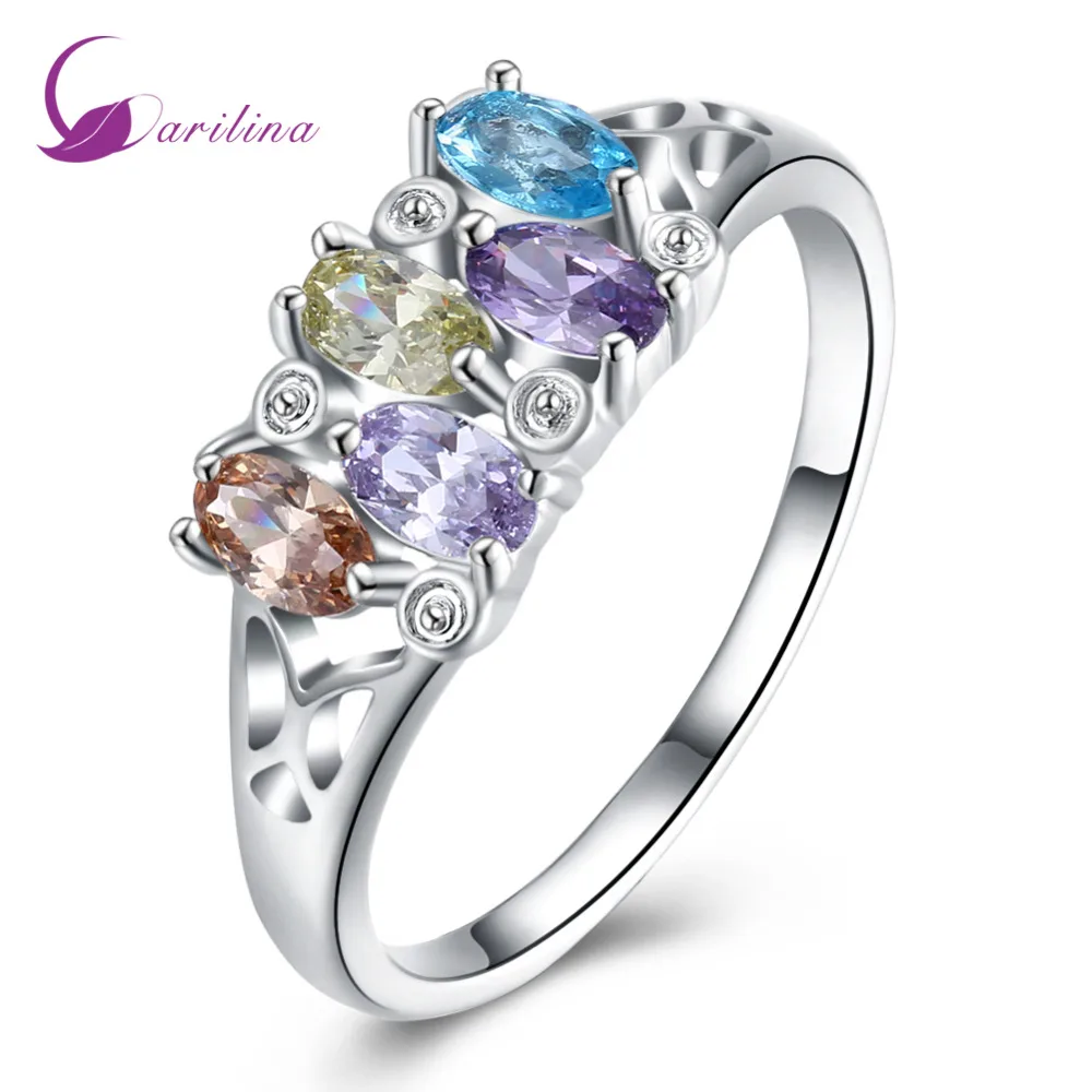 

Trendy jewelry Silver ring Blue Purple Yellow Champagne stone Gift Party Wedding Rings for teen girls R2116