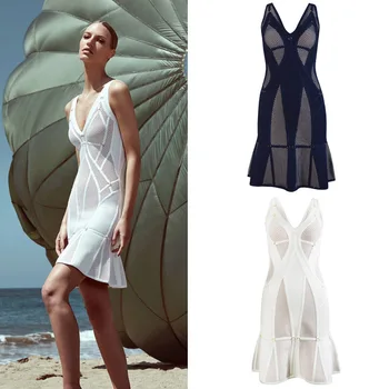 

Bandage Bodysuits 2016 New Arrivals Deep V Neck Dress Bodycon Fluted Herm Dress White Blue Wholesale HL