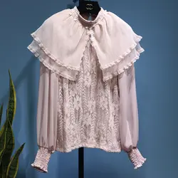 Женская блузка кружева воротник-стойка рубашка плащ типа lotus фонарь рукав блузки Верхняя одежда без подкладки развивать нравственность