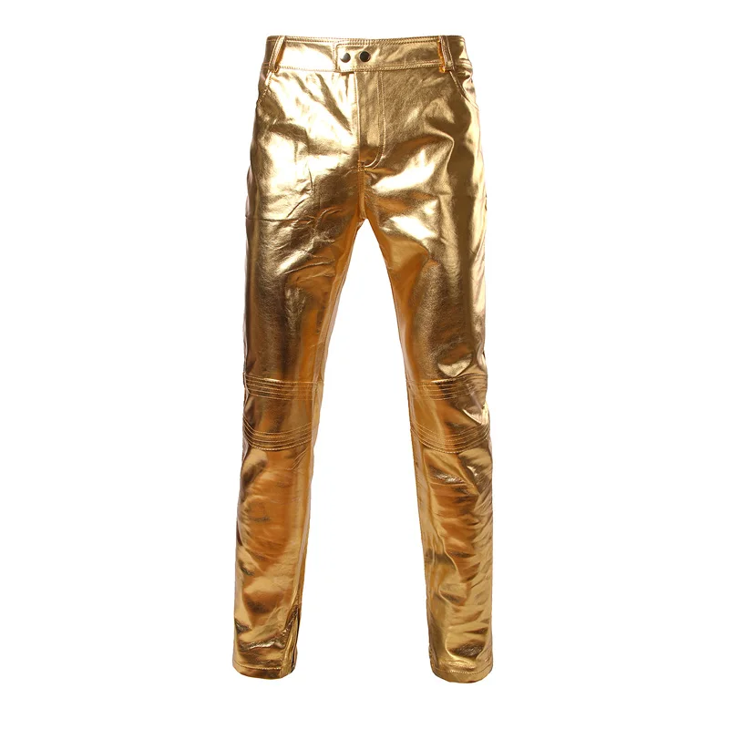 Мотоциклетные брюки из искусственной кожи мужские брендовые обтягивающие глянцевый золотистый Серебристый черные брюки для ночного клуба сценические брюки для певцов танцоров