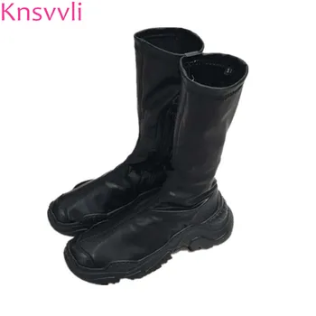 

Knsvvli New Autumn Black Casual Short Boots Woman Round Toe Thick Sole Slimming Stretch Boots Fashion Comfort Sneakers Ladies
