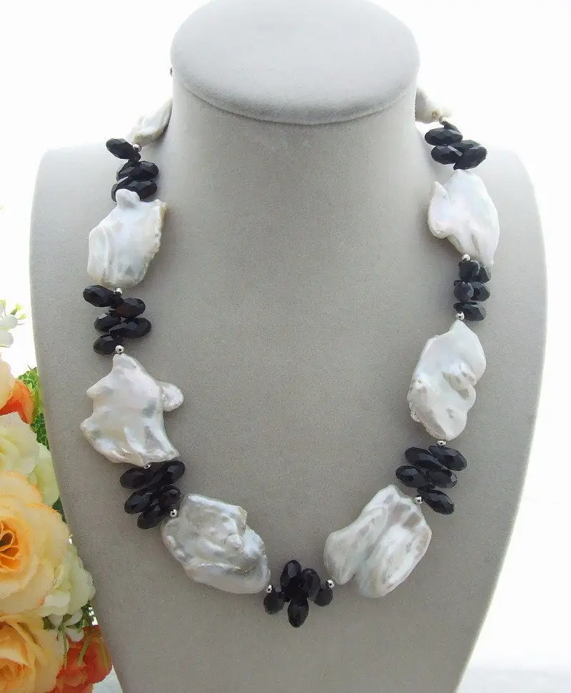 

FREE SHIPPING>>>@@ AS3894 Details about Charming! 26MMx35MM White Keshi Pearl&Crystal Necklace