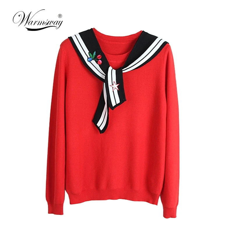 2018 Winter Women Preppy style Sweater Knitwear Korea Fashion Girls Sweet Cherry Letter Embroidery Sailor Collar Pullover C-181