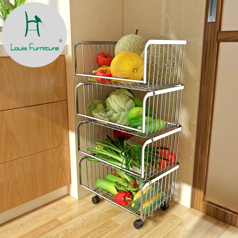 Луи Мода Cart 304 Нержавеющая сталь кухонная корзина для овощей и фруктов напольная стойка многослойная для фруктов и овощей