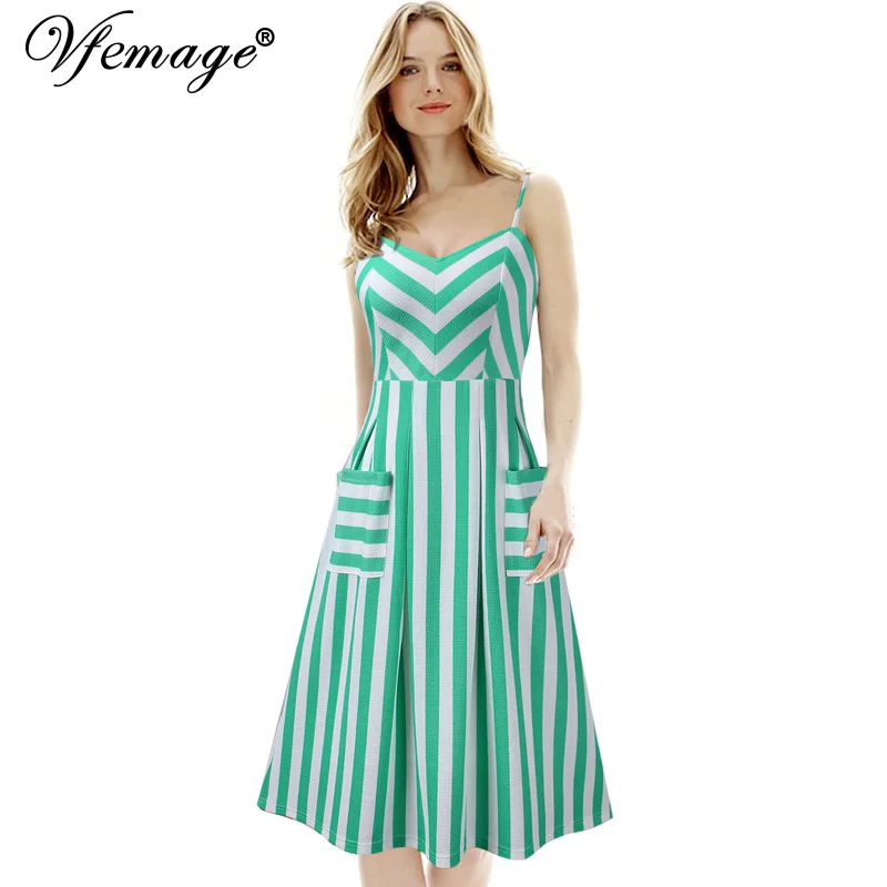 

Vfemage Womens Summer Spaghetti Strap Pockets Striped Contrast Casual Beach Party Skater Fit and Flare Swing A-Line Dress 538