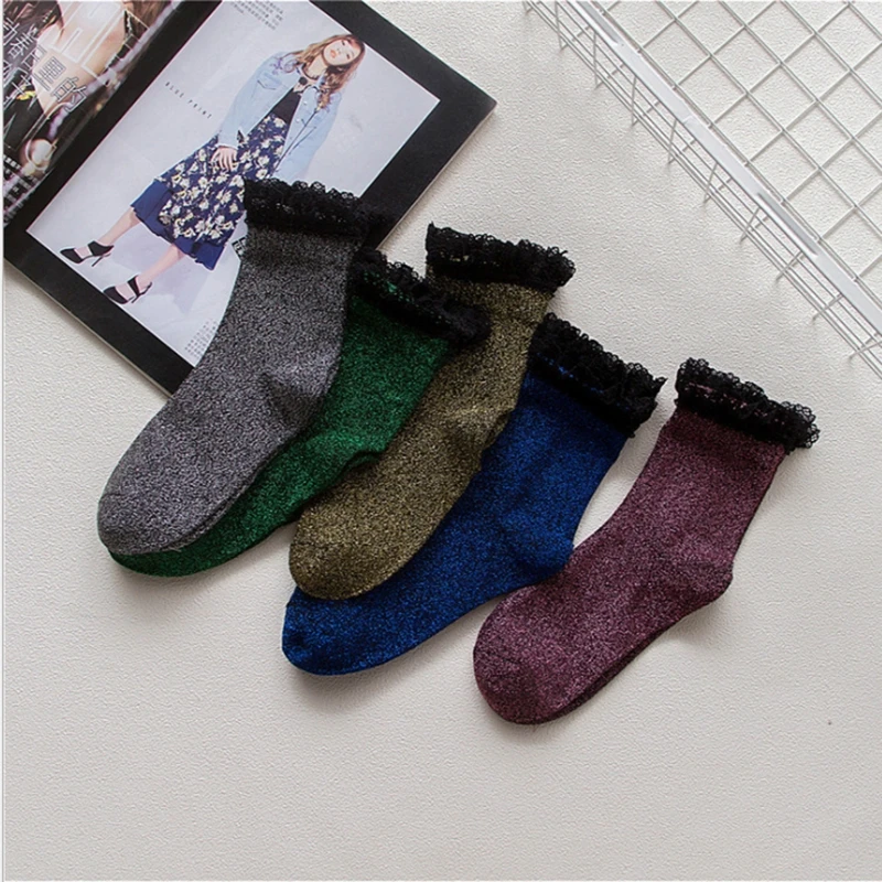 Women's Novelty Glitter Socks Gold Silver Shiny Ankle Socks Ladies