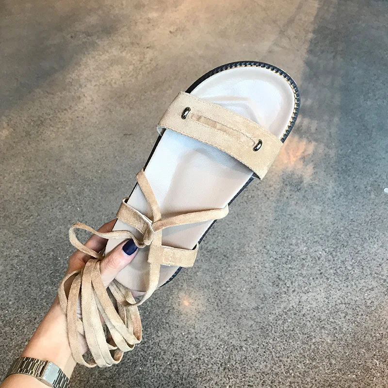 

sweet Brand women shoes woman sandals Cross-Strap Kid Suede Lace-Up Solid Front & Rear Strap Flat with Concise LeisureA651
