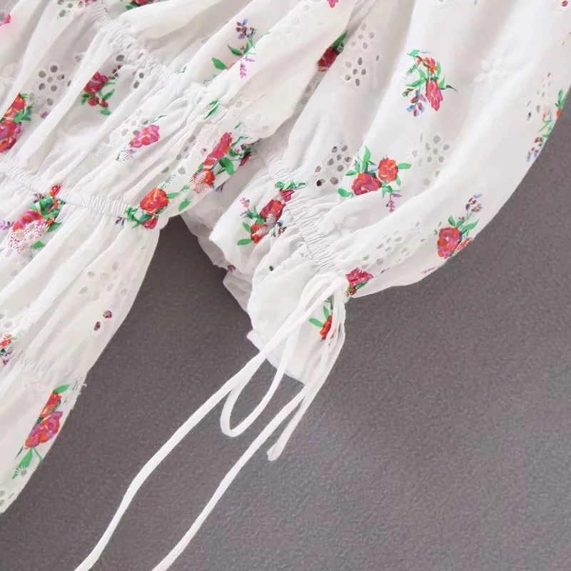 Женское платье мини Boho белое ажурное с о вырезом и рукавами фонариками лето
