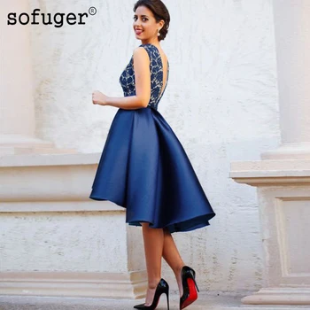 

Navy Blue Sexy Neck A Line Short Homecoming Party Dress Evening Dress Prom Vestidos De Fiesta Formal Special Occasion High Low