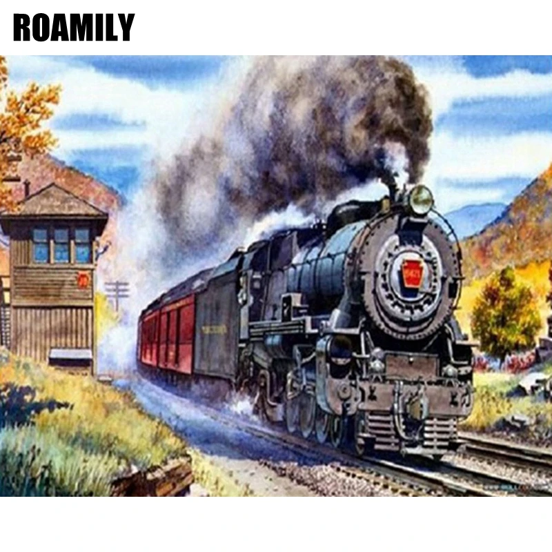 

ROAMILY,5D Diamond Embroidery,Train,Vehicle,5D Diy Diamond Painting,Embroidered With Rhinestones,Punto De Cruz Diamante