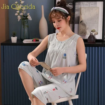 

J&Q Summer Shorts Sleepwear Women 2019 Fashion Home Wear 100% Cotton Sleeveless Light Green Pajamas Lace Applique Pj Set Women