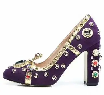 Diamants Mariage Perles De Chunky Couronne Pourpre Grande Photo Femmes Real Chaussures Cuir Hauts Luxe Épais À Talon En 42 Talons Taille 6qwBZATx