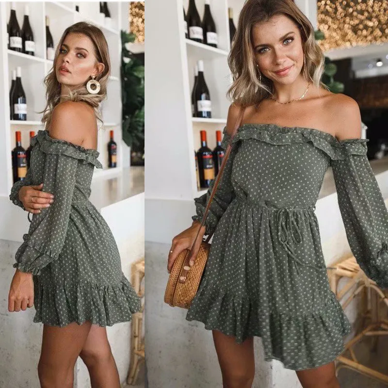 yinlinhe Off Shoulder Summer Dress Long Sleeve Polka Dot Women Dress Backless Sash Slim Waist Elegant Ruffles Vestidos 6