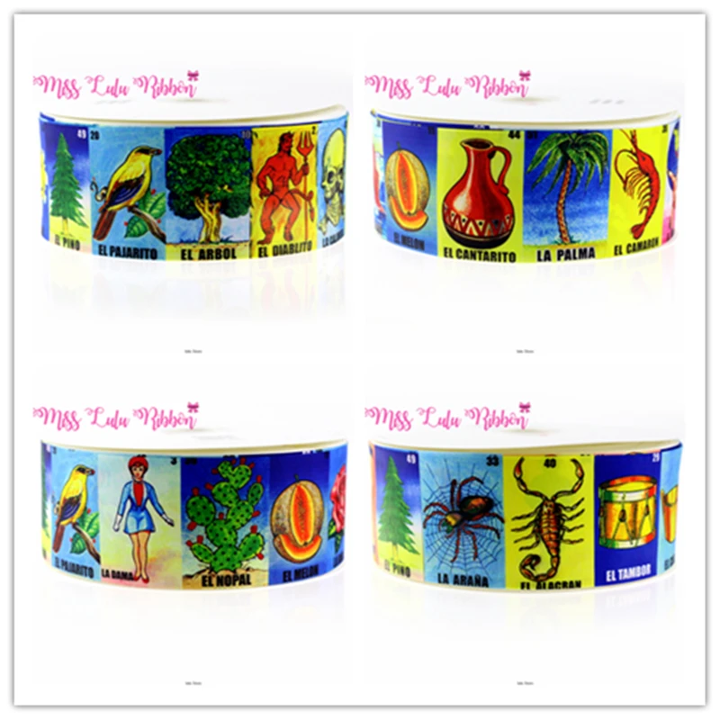 

3"75mm Mexican Bingo Game Loteria printed grosgrain ribbon 7/8" 1-1/2"/ foe ribbon handmade hair bows party decoration 50 yards