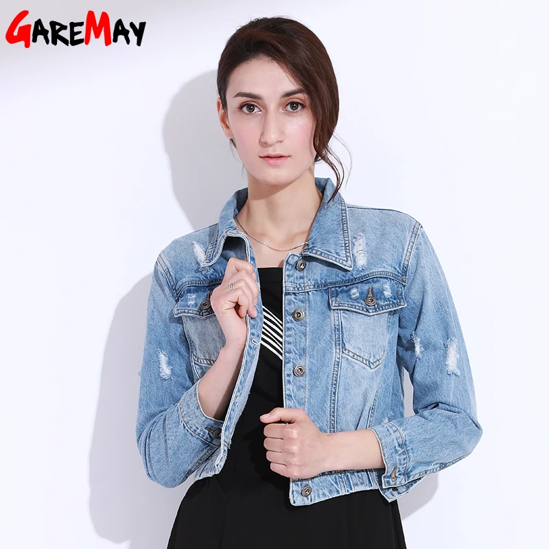 Womens Ripped Denim Jackets Long Sleeve Jeans Basic Jacket Women Short Hole Tops Female Coats