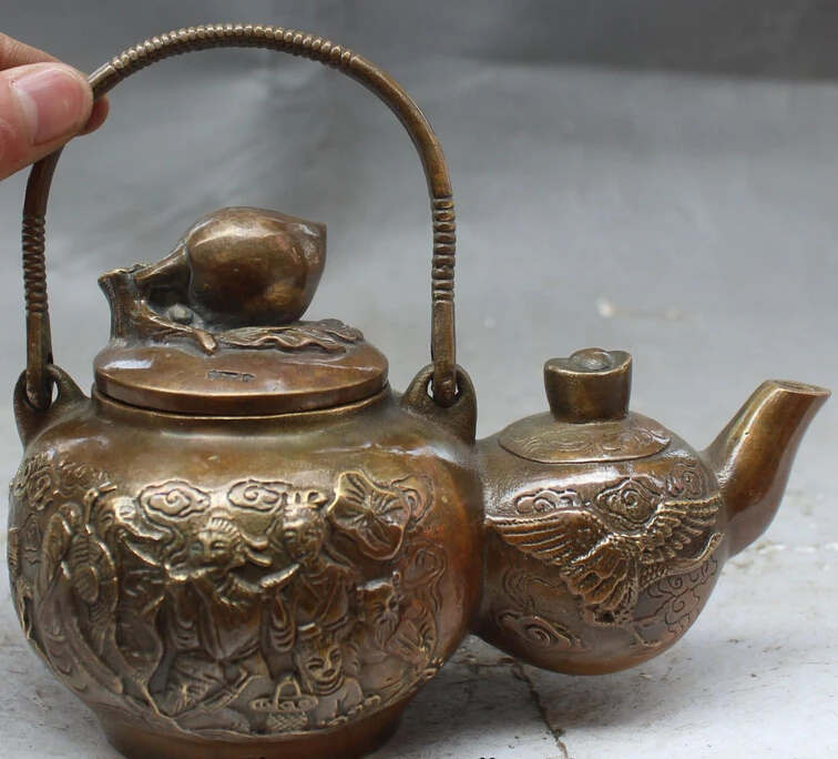 

zhaorui6618++6" Chinese Bronze Eight Immortals Peach Crane Yuanbao Wine Pot Kettle Statue