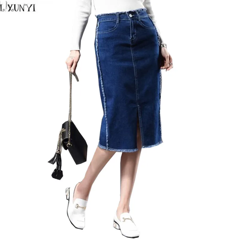 

LXUNYI Spring High Waist Denim Pencil Skirts 2019 Large Size Stretch Split Slim Midi jeans Skirt Women Blue Casual jean Skirts