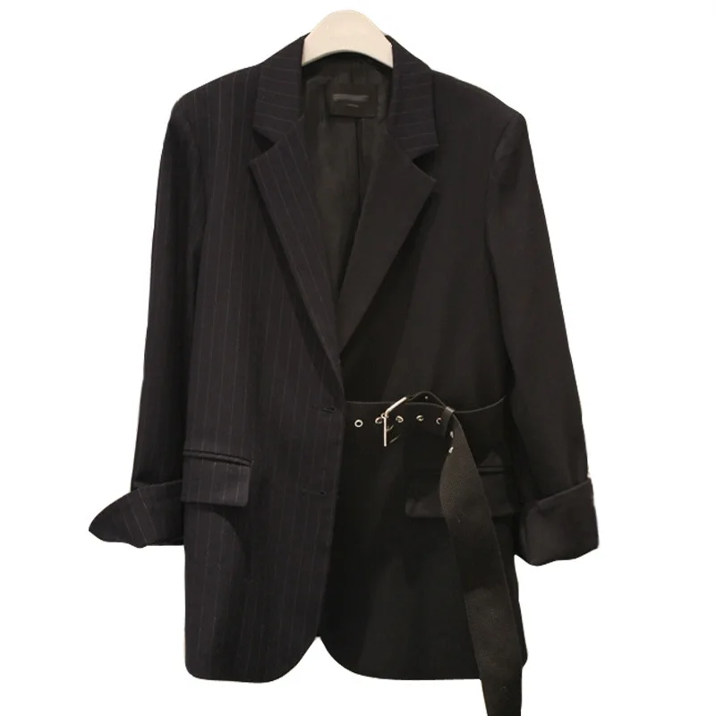 Suit Women Coat Version 2019 Spring New Black Suit Leisure Stripe Splicing Fashion Long-term Trend Women Jackets and Coats