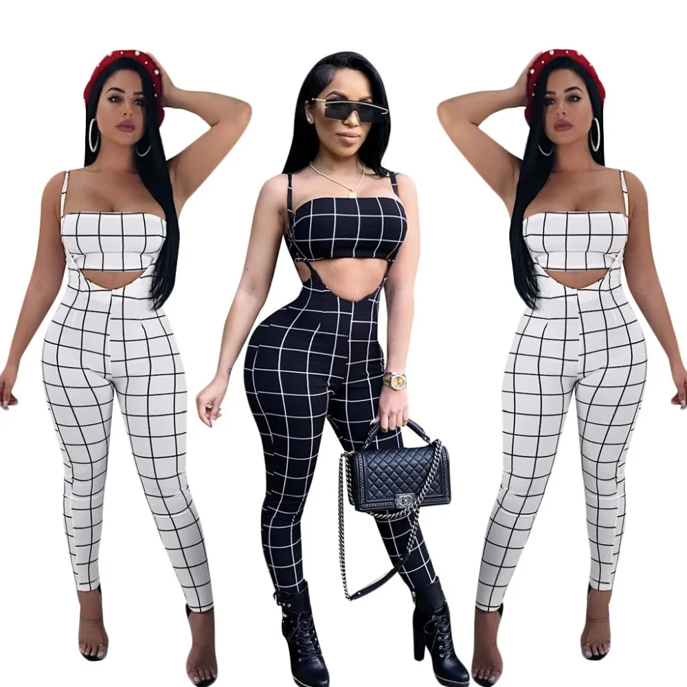 

2019 New Spring Women Overalls Sexy Strapless+Ripped Jumpsuit 2 Pieces Casual Sleeveless Slim bodycon Plaid Jumpsuits Rompers