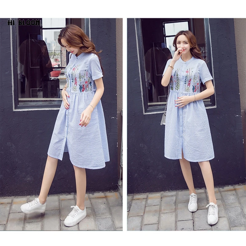 

HI BLOOM New Maternity Clothes Fashion Maternity Dresses Stripe Casual Maternity Blue Print Clothing Clothes For Pregnant Women