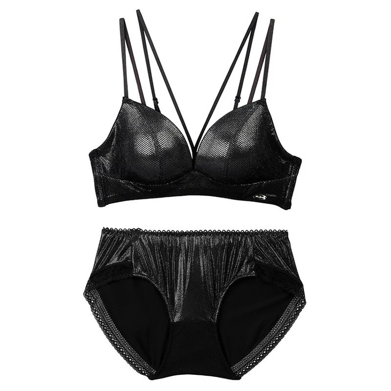 

hot bralette lingerie set sexy Glossy underwear push up bra and panty set black lenceria mujer wire free Triangle cup bra women