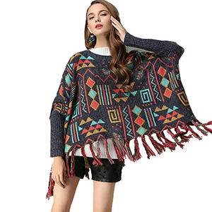 Осенние вязаные пуловеры больших размеров, рукав летучая мышь, кардиган с бахромой, Женские винтажные свободные цыганские зимние свитера, свитер-пончо - Цвет: floral