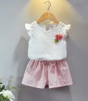 

Children's suit 2019 summer new girl Korean version suit sleeveless doll collar shirt + wide leg shorts two-piece suit