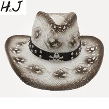 Женская и Мужская Западная ковбойская шляпа с панк пиратской лентой ручной работы Плетение пляж солнце Sombrero Женская Ковбойская шляпа размер 58 см A0084
